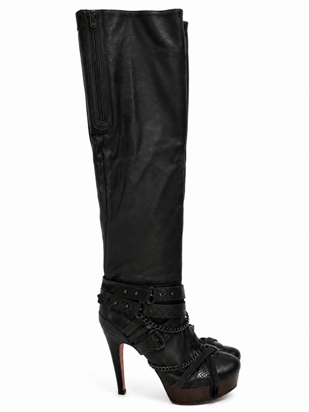 Hervé Léger Black Leather Tall Shaft Platform Chain Boots Size 39.5 Rare